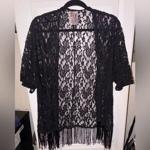 Black Lace Kimono Fringe Cardigan Boho Festival Sheer Cover Up
